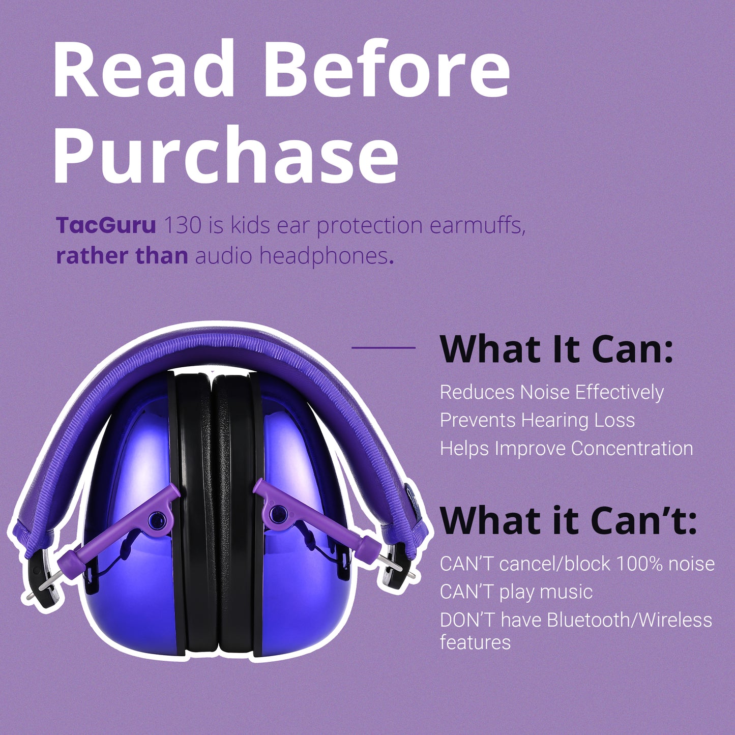 TacGuru 130 Gemstones Edition, Kids Ear Protection Earmuffs, Hearing Protection for Kids, One Size for 3-16 Yr Old