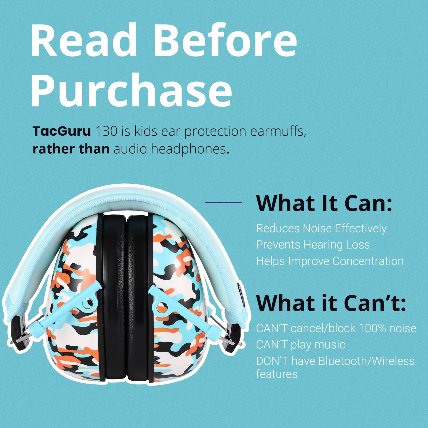 TacGuru 130 Special Edition, Kids Ear Protection Earmuffs, Hearing Protection for Kids, One Size for 3-16 Yr Old