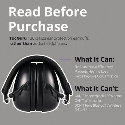 TacGuru 130 Solid Color Edition, Kids Ear Protection Earmuffs, Hearing Protection for Kids, One Size for 3-16 Yr Old
