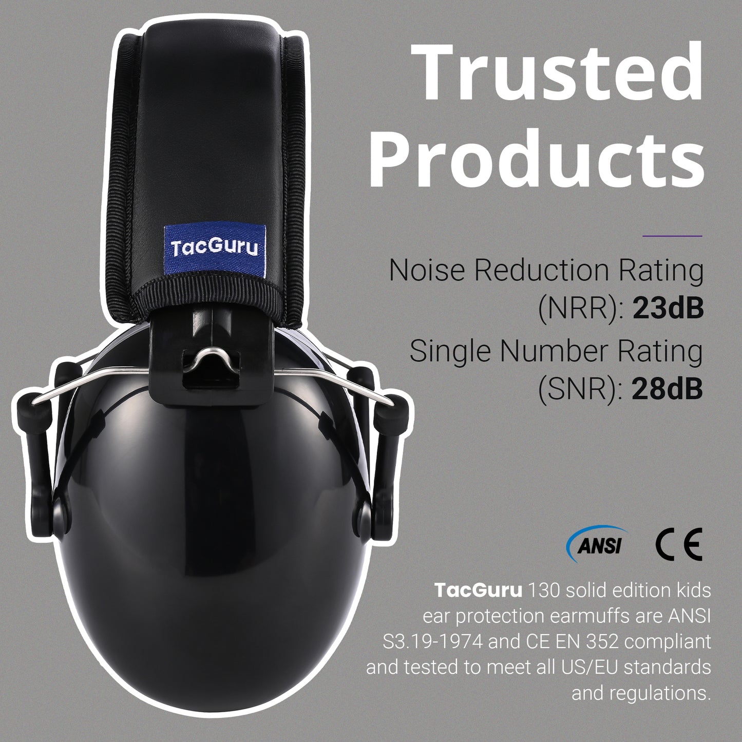 TacGuru 130 Solid Color Edition, Kids Ear Protection Earmuffs, Hearing Protection for Kids, One Size for 3-16 Yr Old