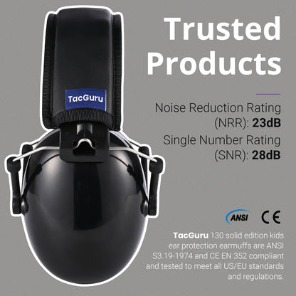 TacGuru 130 Solid Color Edition, Kids Ear Protection Earmuffs, Hearing Protection for Kids, One Size for 3-16 Yr Old