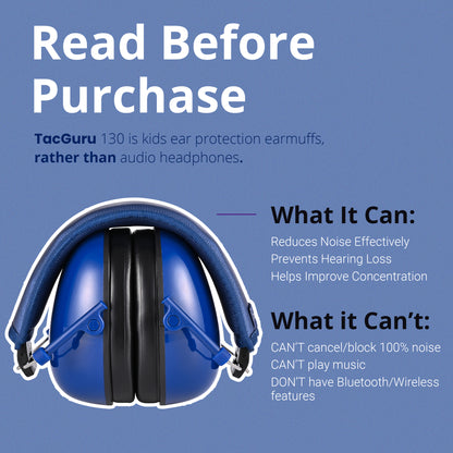TacGuru 130 Solid Color Edition, Kids Ear Protection Earmuffs, Hearing Protection for Kids, One Size for 3-16 Yr Old