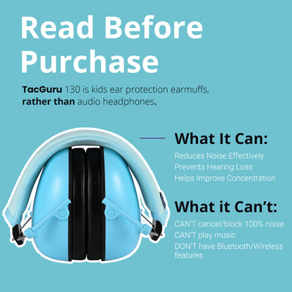 TacGuru 130 Solid Color Edition, Kids Ear Protection Earmuffs, Hearing Protection for Kids, One Size for 3-16 Yr Old