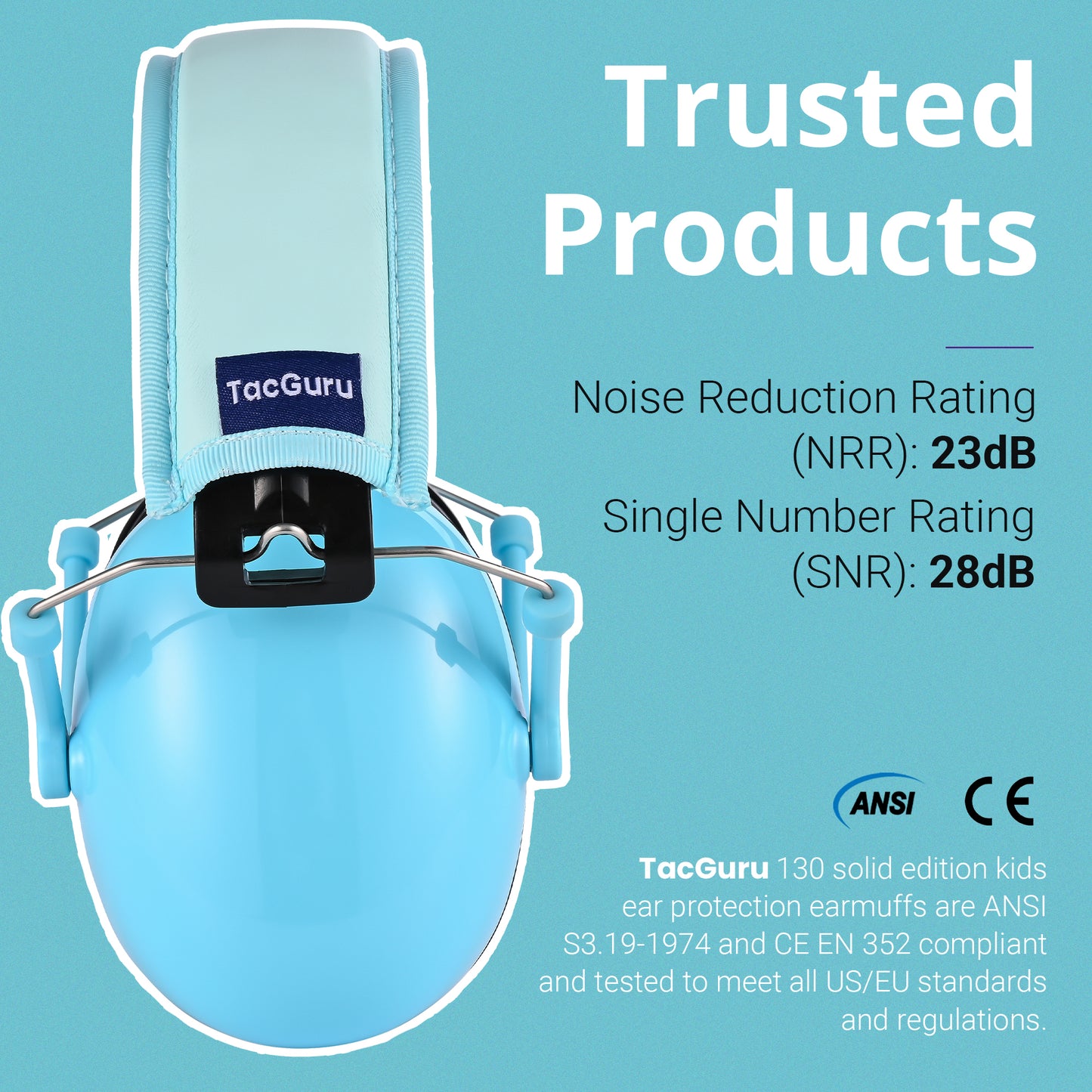 TacGuru 130 Solid Color Edition, Kids Ear Protection Earmuffs, Hearing Protection for Kids, One Size for 3-16 Yr Old