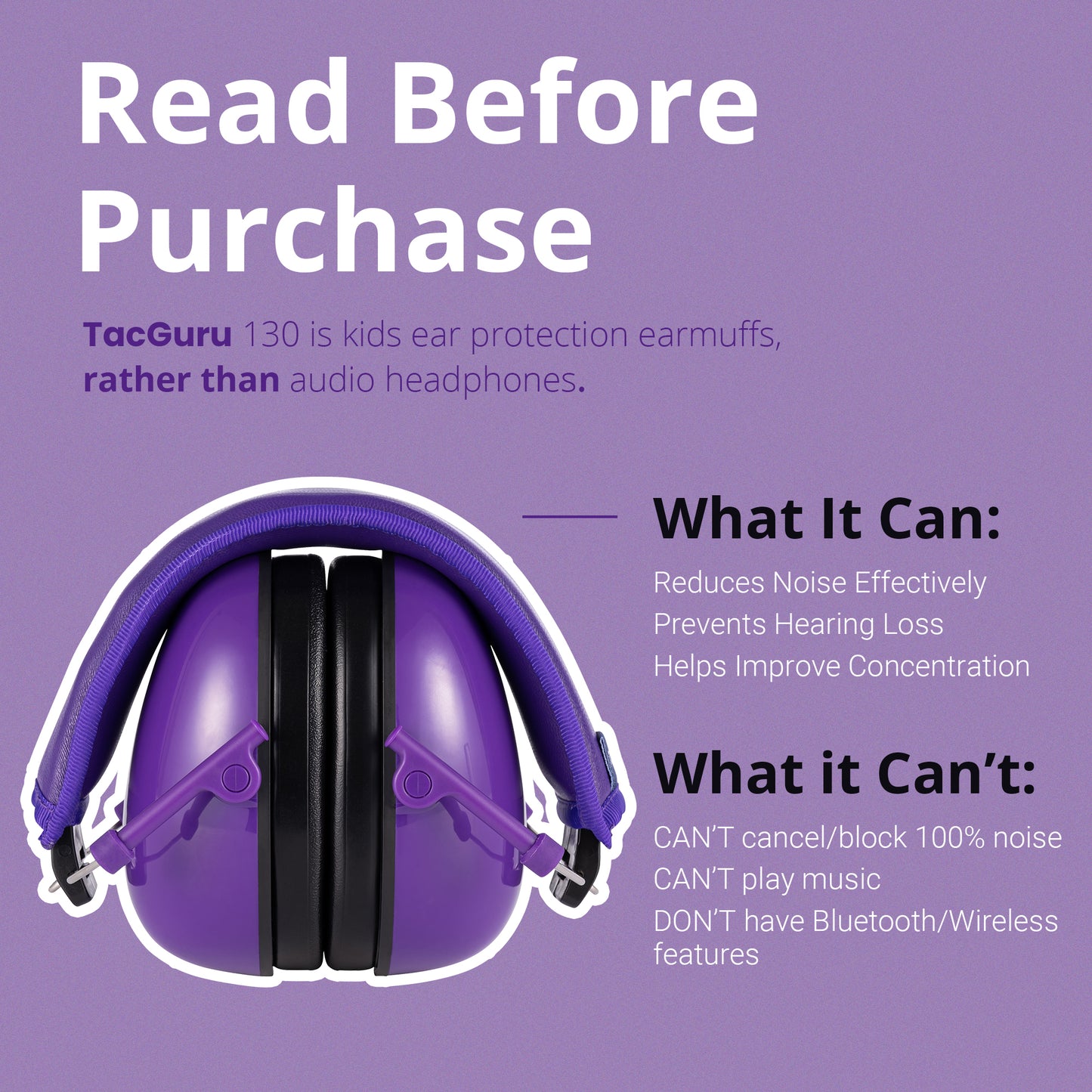 TacGuru 130 Solid Color Edition, Kids Ear Protection Earmuffs, Hearing Protection for Kids, One Size for 3-16 Yr Old