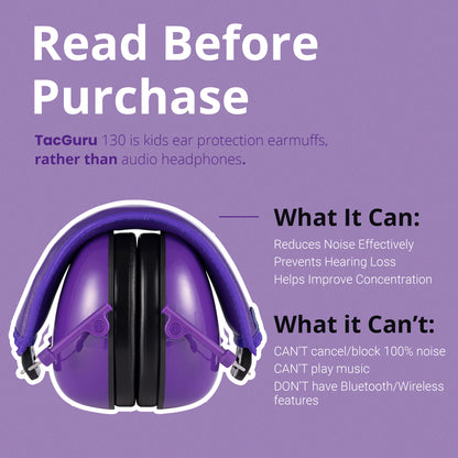 TacGuru 130 Solid Color Edition, Kids Ear Protection Earmuffs, Hearing Protection for Kids, One Size for 3-16 Yr Old