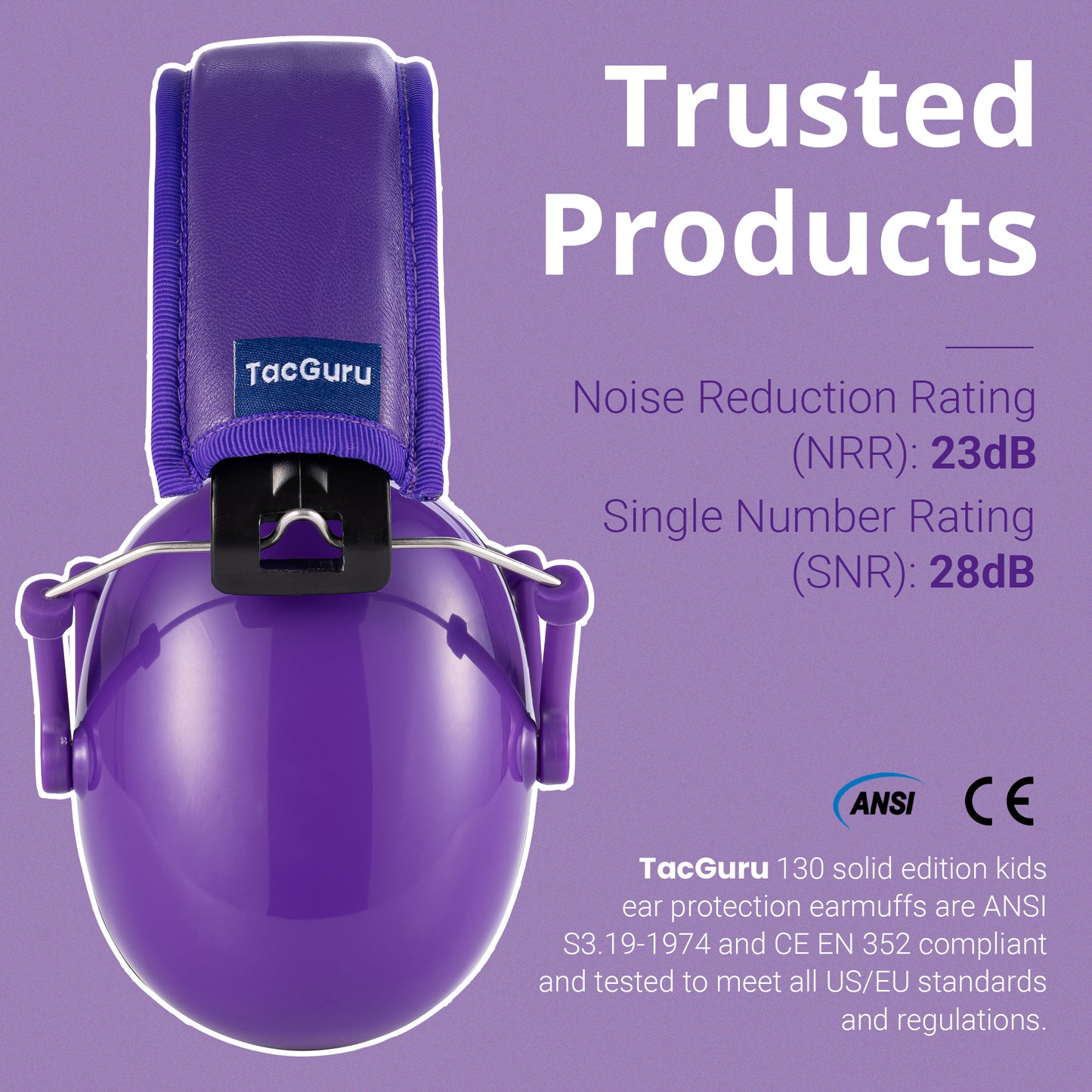 TacGuru 130 Solid Color Edition, Kids Ear Protection Earmuffs, Hearing Protection for Kids, One Size for 3-16 Yr Old