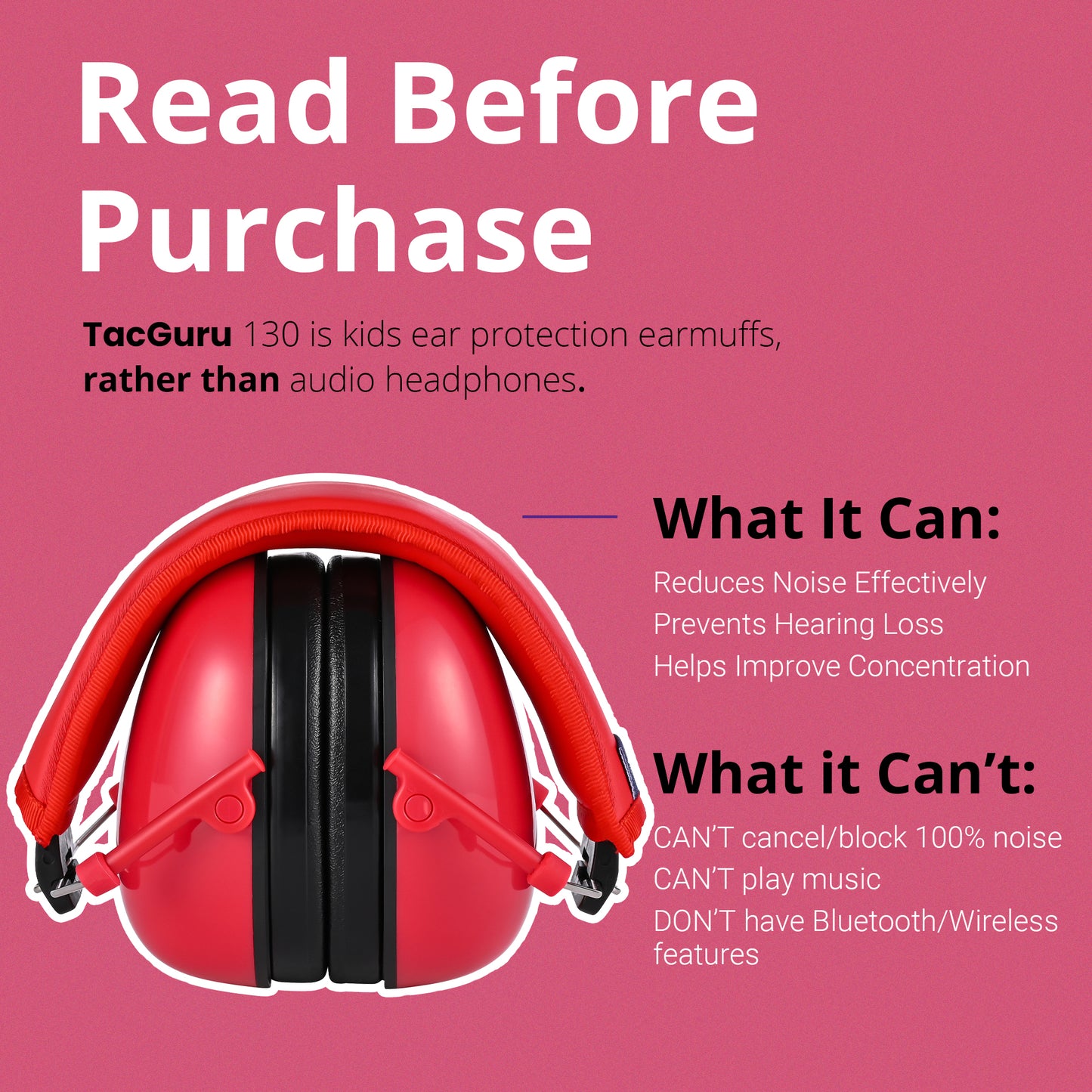 TacGuru 130 Solid Color Edition, Kids Ear Protection Earmuffs, Hearing Protection for Kids, One Size for 3-16 Yr Old