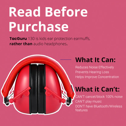 TacGuru 130 Solid Color Edition, Kids Ear Protection Earmuffs, Hearing Protection for Kids, One Size for 3-16 Yr Old