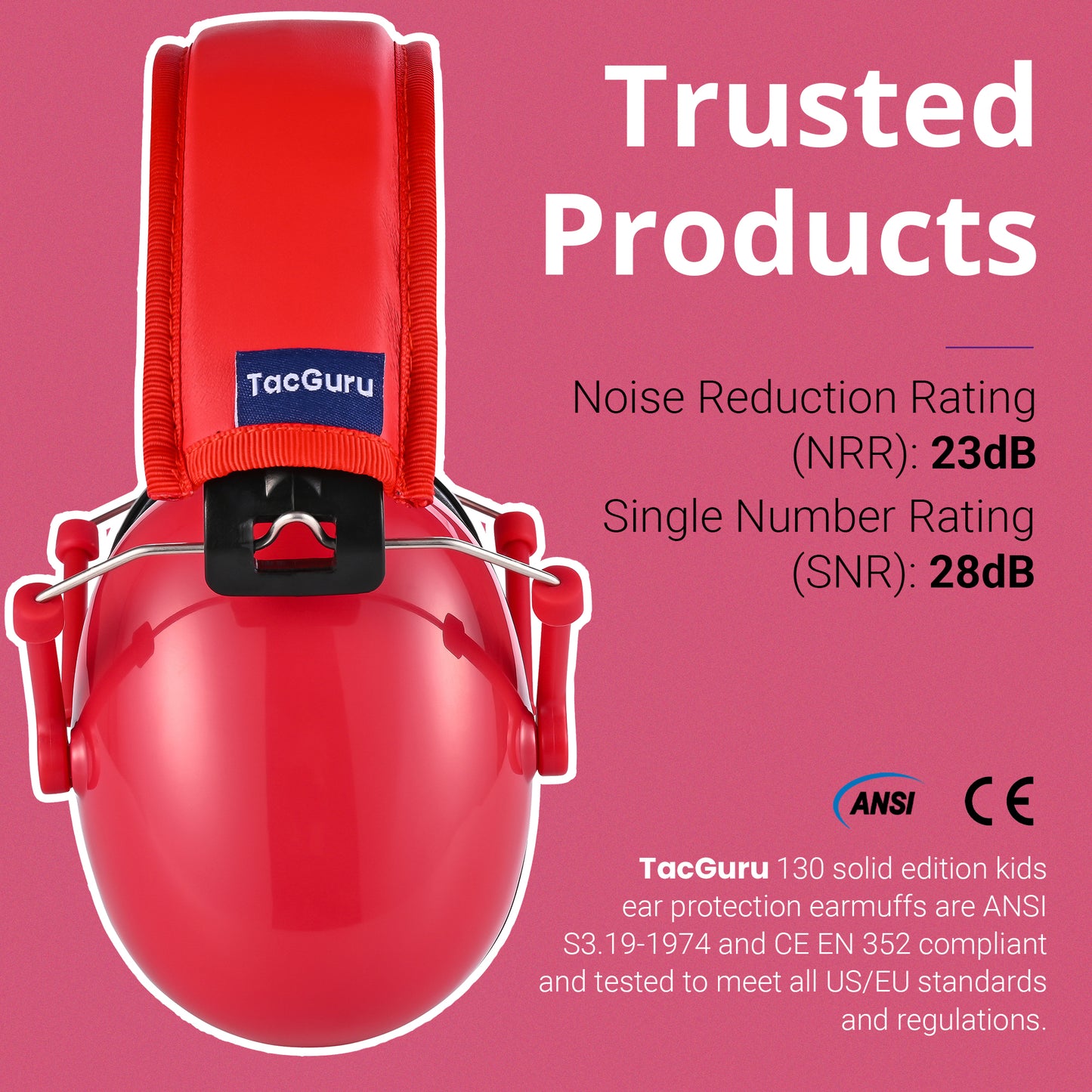 TacGuru 130 Solid Color Edition, Kids Ear Protection Earmuffs, Hearing Protection for Kids, One Size for 3-16 Yr Old