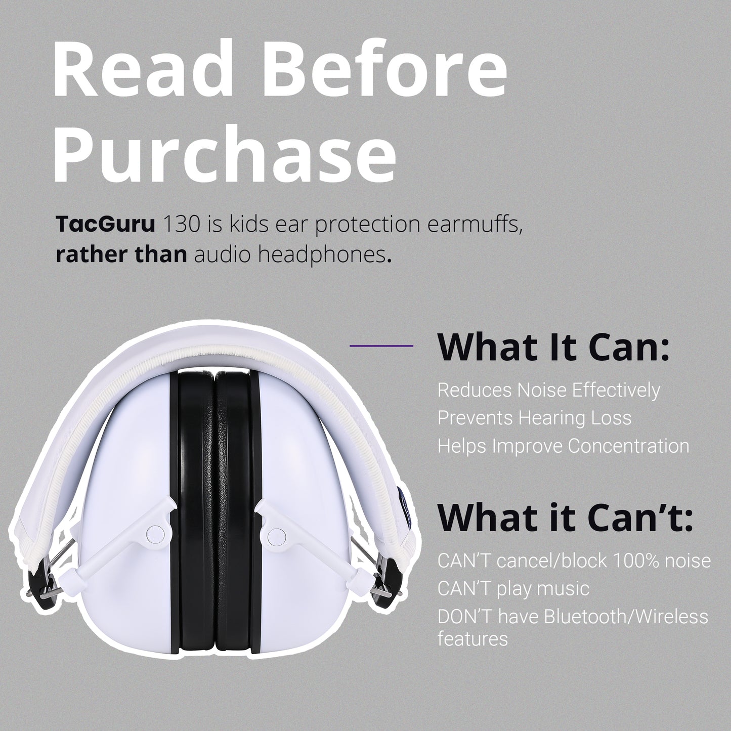 TacGuru 130 Solid Color Edition, Kids Ear Protection Earmuffs, Hearing Protection for Kids, One Size for 3-16 Yr Old