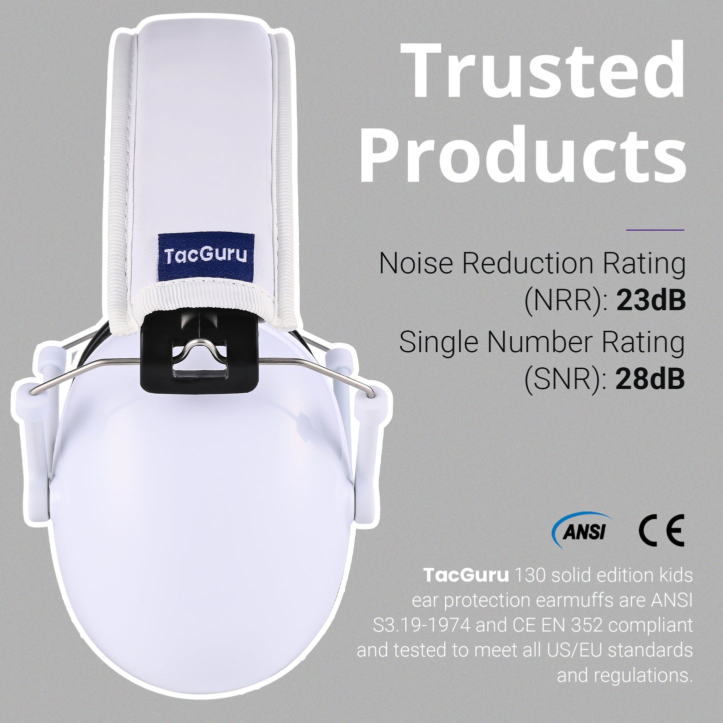 TacGuru 130 Solid Color Edition, Kids Ear Protection Earmuffs, Hearing Protection for Kids, One Size for 3-16 Yr Old