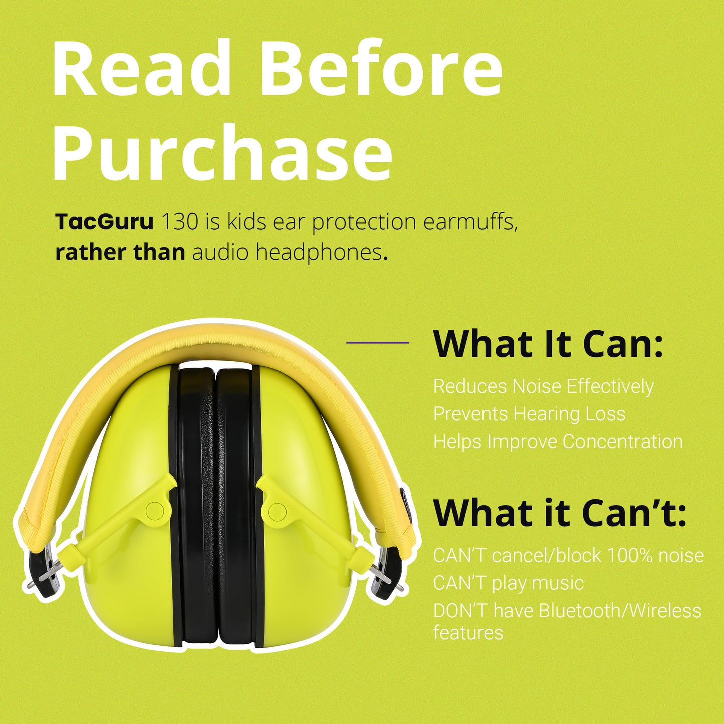 TacGuru 130 Solid Color Edition, Kids Ear Protection Earmuffs, Hearing Protection for Kids, One Size for 3-16 Yr Old