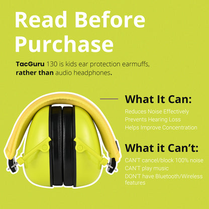 TacGuru 130 Solid Color Edition, Kids Ear Protection Earmuffs, Hearing Protection for Kids, One Size for 3-16 Yr Old