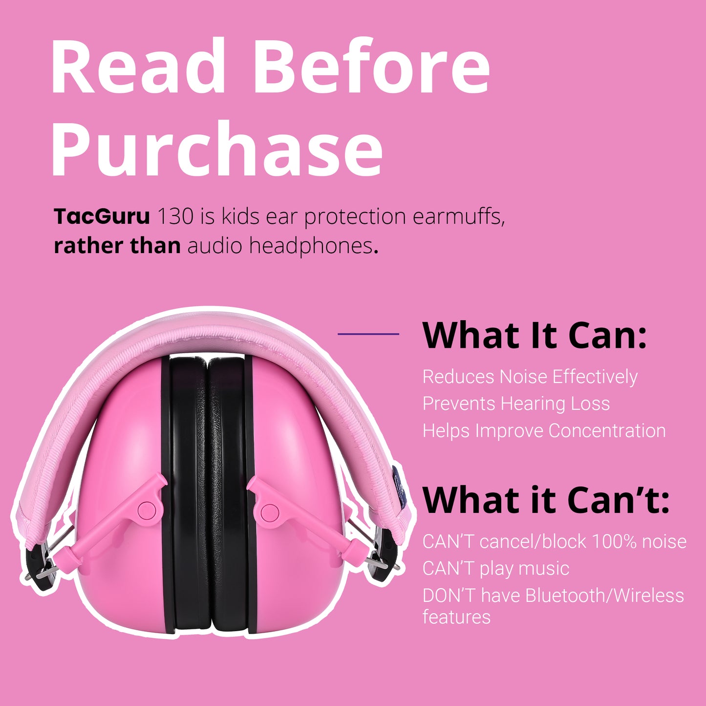 TacGuru 130 Solid Color Edition, Kids Ear Protection Earmuffs, Hearing Protection for Kids, One Size for 3-16 Yr Old