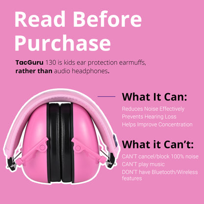 TacGuru 130 Solid Color Edition, Kids Ear Protection Earmuffs, Hearing Protection for Kids, One Size for 3-16 Yr Old
